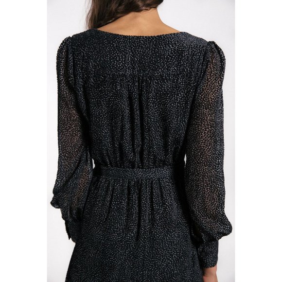 LENON Black Stone Dots Burnout Velvet Surplice Midi 'Rose' Dress sz M Women's - Picture 6 of 13